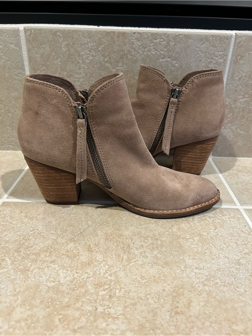 Dolce Vita Taupe Suede Ankle Booties with Stacked Heel